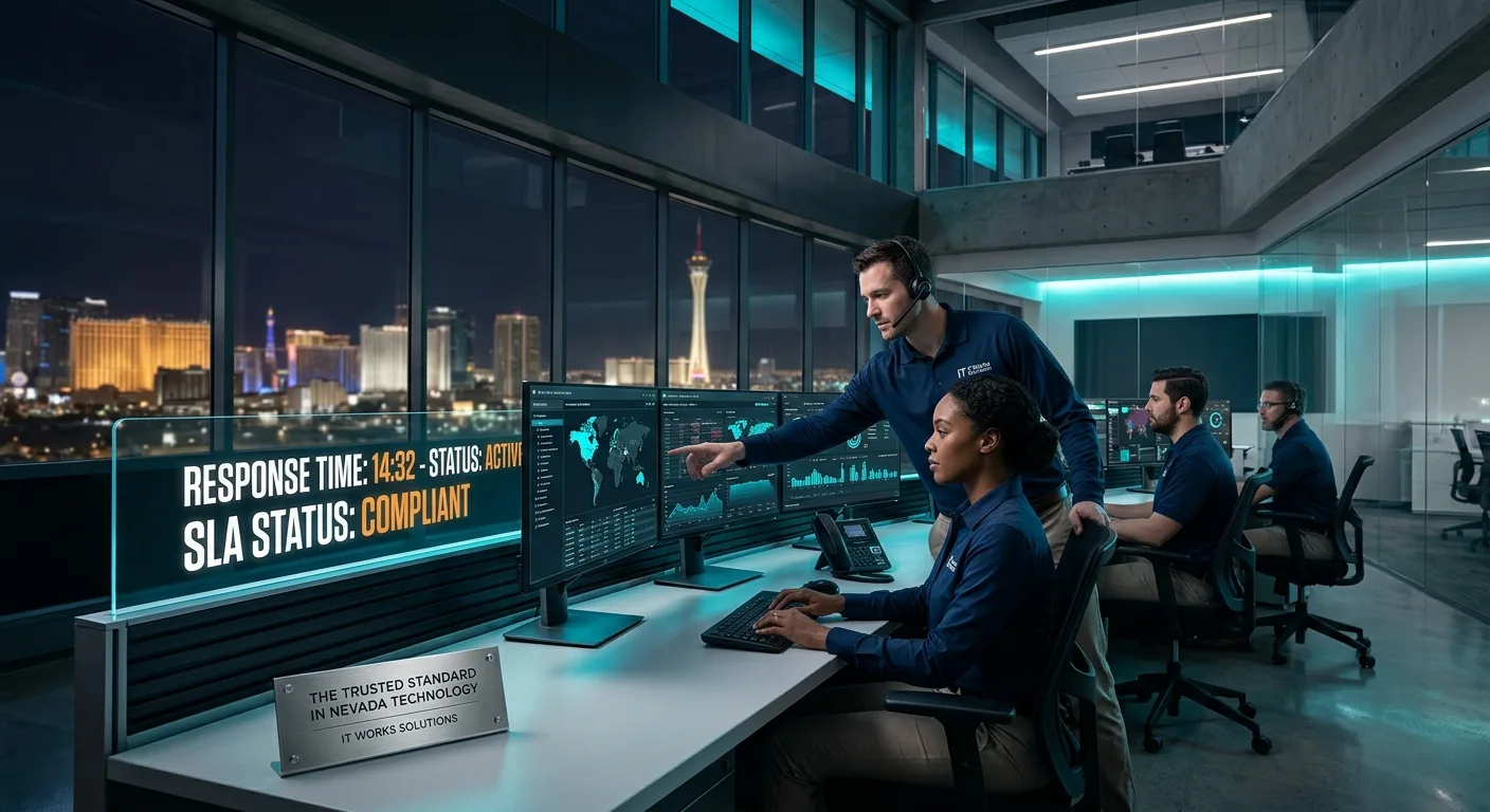 IT Works Solutions Services team monitoring enterprise networks in a Las Vegas NOC with a 15-minute response guarantee.